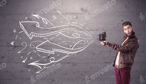 Preview: A Hipster Guy Opening His Point Of View Through Looking A Vintage Camera Concept With Illustratied