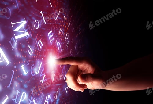 Preview: Female Finger Touching A Beam Of Light Surrounded By A Pink Background With Alphabet Letters