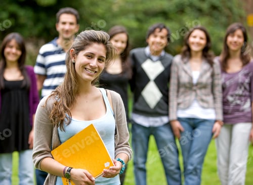 Preview: Happy Student Outdoors With A Group Of Friends Behind Her At A Park