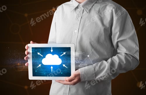 Preview: Casual Businessman Holding Tablet With Cloud Concept