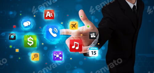 Preview: Young Businessman Pressing Various Collection Of Buttons