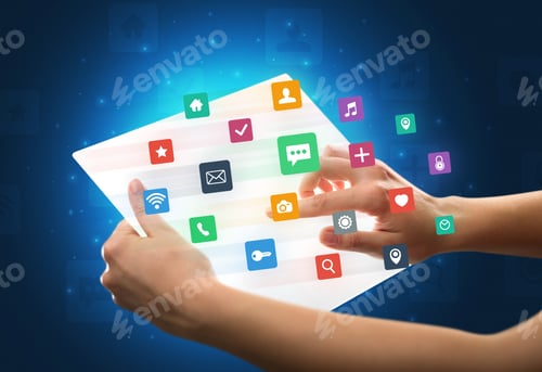 Preview: Young Female Hand Holding A Tablet With Colorful Mixed Media Icons