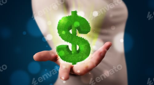 Preview: Young Beautiful Woman Presenting Green Glowing Dollar Sign