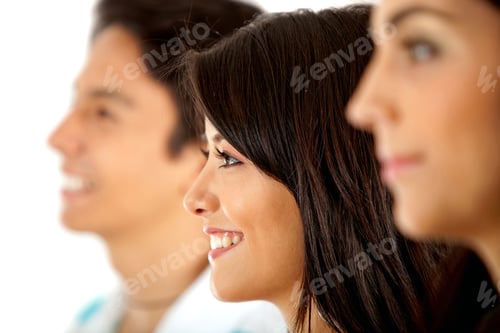Preview: Woman Portrait In A Line Of People Smiling - Isolated Over White