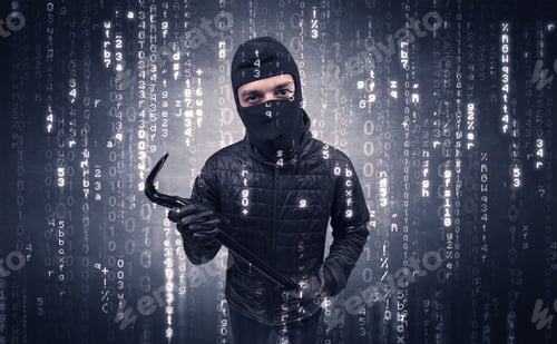 Preview: Burglar In Action With Encoded Concept And His Tools In His Hand.
