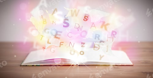 Preview: Open Book With Glowing Letters On Concrete Background. Colorful Education Concept