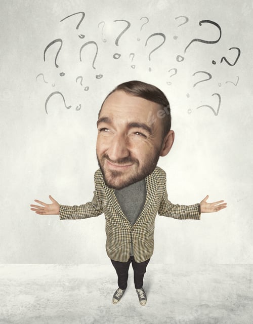 Preview: Funny Person With Big Head And Drawn Question Marks Over It