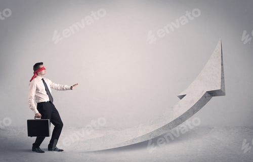 Preview: A Scared Blindfolded Businessman Forced To Face A Problem Concept With Illustrated Arrow Pointng To