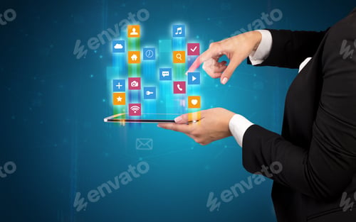 Preview: Female Elegant Hand Holding Tablet With Colourful Application Icons