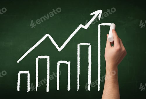 Preview: A Grown Up'S Hand Drawing Chart With Exponentially Growing Arrow On Green Chalkboard