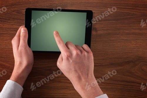 Preview: Caucasian Business Hands Holding And Working On Plain Tablet