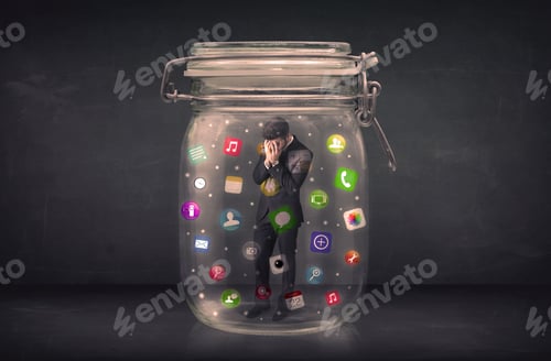 Preview: Businessman Captured In A Glass Jar With Colourful App Icons Concept On Background
