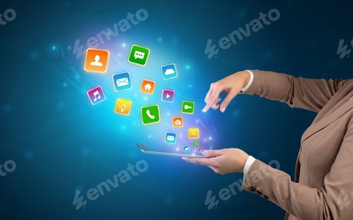 Preview: Hand Holding Tablet And Application Icons Falling Inwards