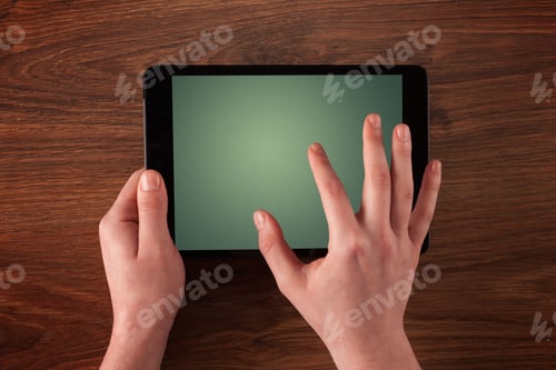 Preview: Caucasian Business Hands Holding And Working On Plain Tablet