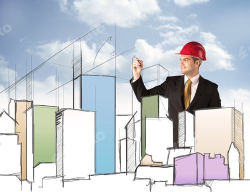 Preview: A Young Construction Worker In A Red Safety Helmet Happily Planning A City Sight And Drawing Lines