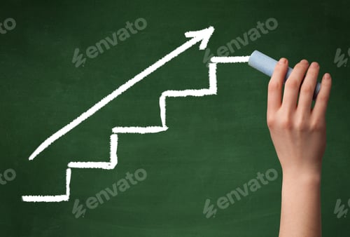 Preview: Stairs Heading Upwards With An Arrow Drawn By Hand On A Green Chalkboard.