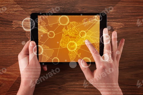 Preview: Caucasian Business Hands Holding Tablet With Orange Business-Statistics Screen