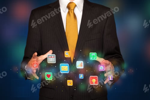 Preview: Elegant Businessman Holding Colorful Mixed Media Icons