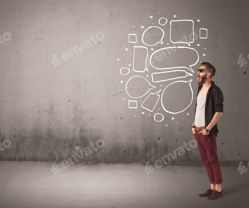 Preview: A Comic Hipster Guy Shouting In Front Of Grey Urban Concrete Wall With Drawn Empty Text Bubbles