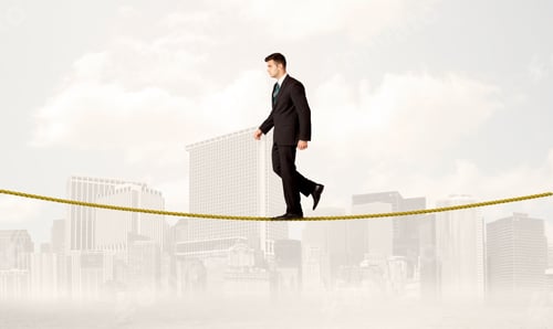 Preview: A Young Elegant Businessman Walking On Tight Golden Rope In Front Of City Buildings Landscape
