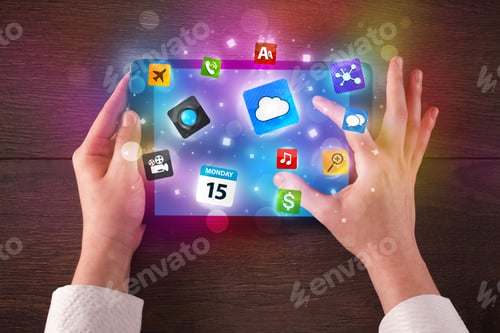 Preview: Caucasian Business Hands Holding And Working On Tablet