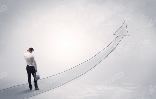 Preview: Adult Elegant Male With Briefcase Standing On Drawn Grey Arrow Pointing Up Financial Concept