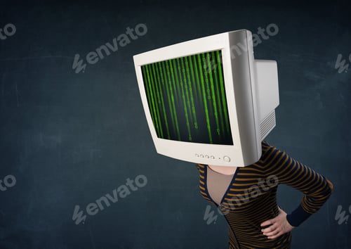 Preview: Cyber Business Human With A Monitor Screen And Computer Code On The Display