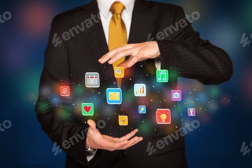 Preview: Elegant Businessman Holding Colorful Mixed Media Icons