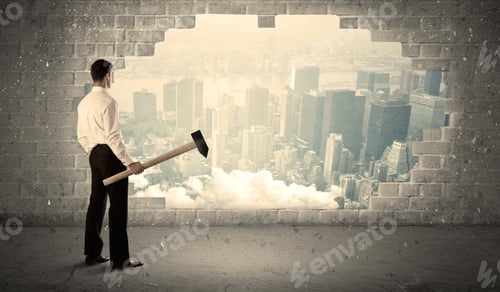 Preview: Business Man Hitting Wall With Hammer On City View Background