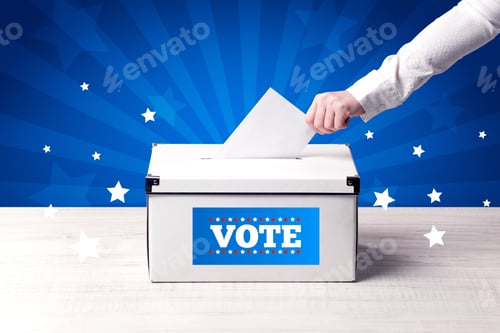 Preview: Voting Hand With Ballot And Wooden Box