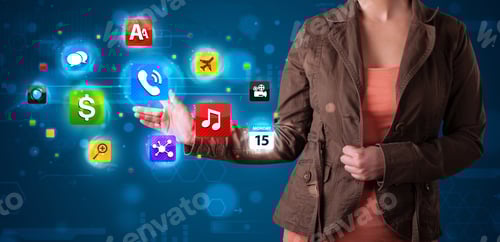 Preview: Young Woman Pressing Various Collection Of High Tech Buttons