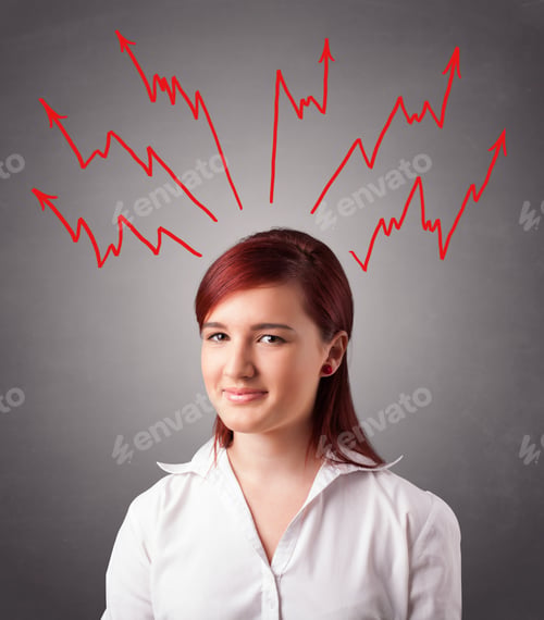 Preview: Young Woman Standing And Thinking With Arrows Overhead