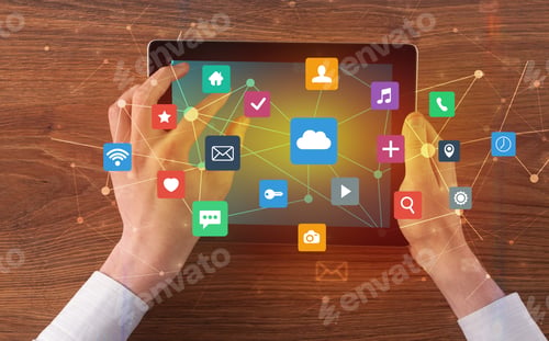 Preview: Hand Touching Multitask Tablet With Cloud Wifi Message Social Media Call Icons And Symbols Concept