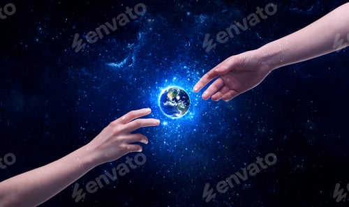 Visualização: Mãos masculinas de Deus prestes a tocar o globo terrestre na galáxia com estrelas brilhantes e azuis