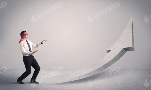 Preview: A Scared Blindfolded Businessman Forced To Face A Problem Concept With Illustrated Arrow Pointng To
