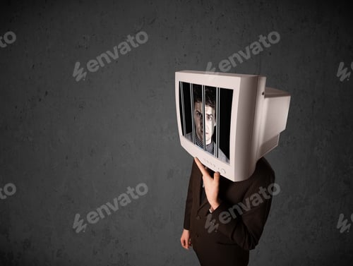 Preview: Business Man With Monitor Screen On His Head Traped Into A Digital System Concept