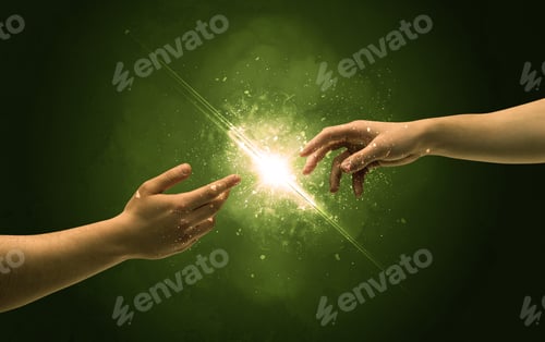 Preview: Two Naked Male Hands About To Touch, Lighting The Spark With Modest Explosion In Front Of Green