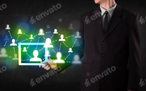 Preview: Young Person Presenting Tablet With Green Social Media Icons And Symbols