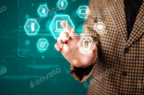 Preview: Young Businessman Pressing Virtual Media Type Of Buttons