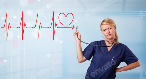 Preview: Beautiful Young Nurse Listening To Abstract Pulse With Red Heart