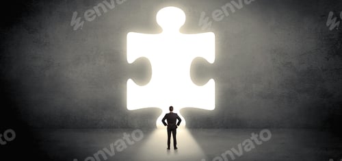 Preview: Businessman Standing And Looking To A Big Puzzle Piece