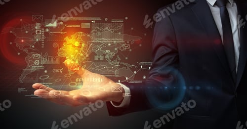 Visualização: Communicational Concept With Businessman Body And Hand In Background