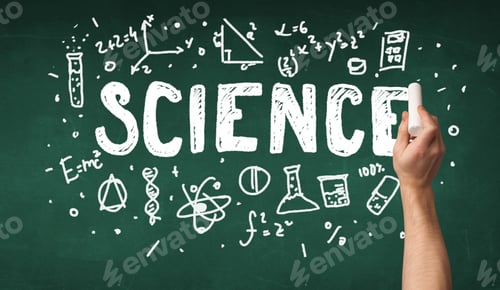 Preview: A Teacher Writing Science, Drawing Chemistry Elements On Clean Green Chalkboard By Hand