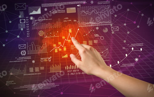 Preview: Female Hand Touching Charts And Graphs On A Red And Purple Background