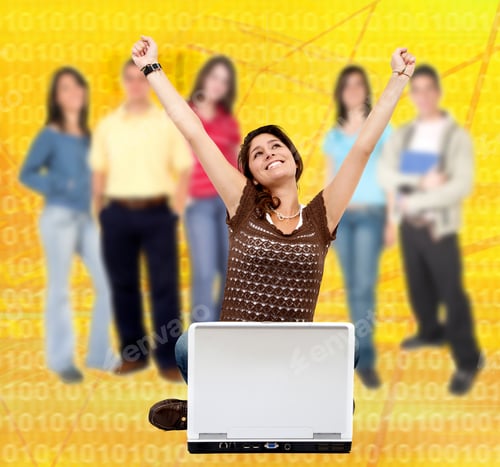 Preview: Casual Successful Girl With Laptop And A Group Of People Behind Her