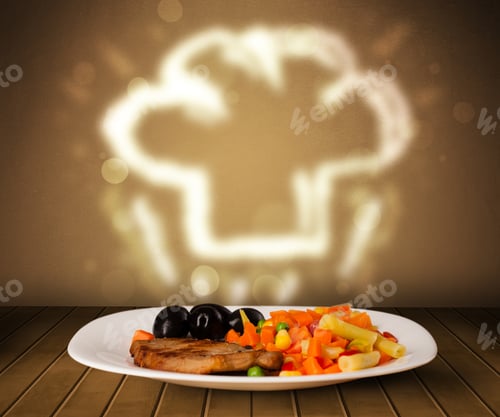 Preview: Delicious Food Plate With Chef Cook Hat On Wood Deck