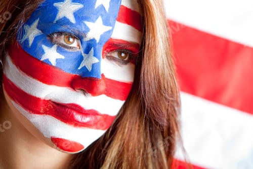 Preview: Patriotic American Woman With The Usa Flag Painted On Her Face