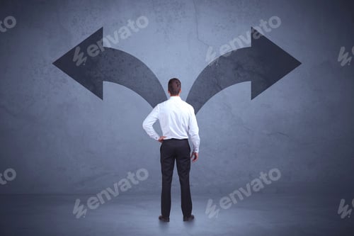 Preview: Businessman Taking A Decision While Looking At Arrows On The Wall Concept Background