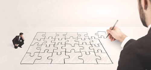 Preview: Business Man Looking At Hand Drawing Solution, Puzzle Solution Concept