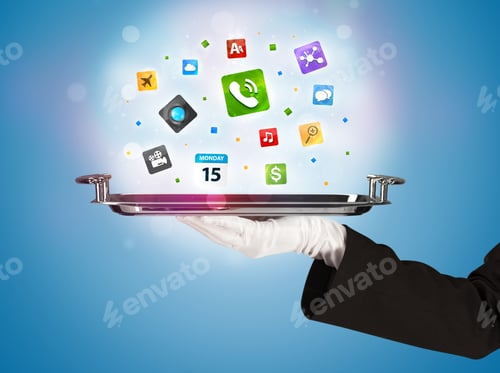 Preview: A Stylish Waiter Hand With White Gloves Holding A Silver Plate Full Of Social Media Communication